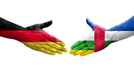 Handshake between Central African Republic and Germany flags painted on hands, isolated transparent image.