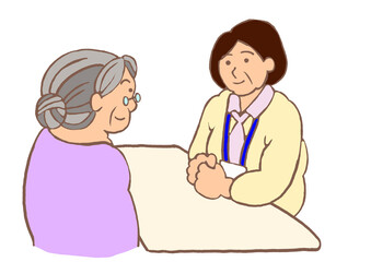 ベテランのケアマネジャーと面談をする認知症の高齢女性のイラスト