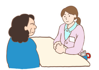 精神保健福祉士と面談をする統合失調症の女性のイラスト