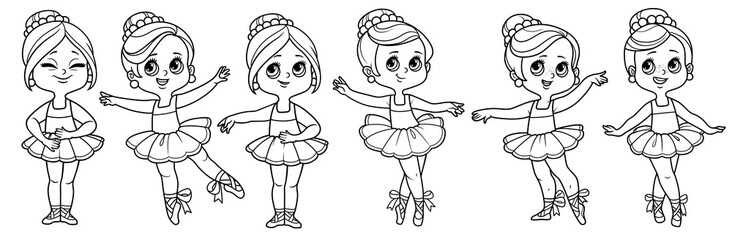 Beautiful cartoon ballerina girls in lush tutu set on a white background outlined for coloring