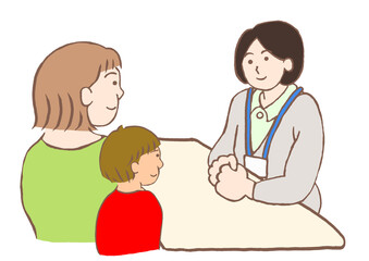児童精神科のソーシャルワーカーと面談する発達障害の男の子とその母親のイラスト