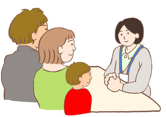 児童相談所のソーシャルワーカーと面談する発達障害の男の子とその両親のイラスト