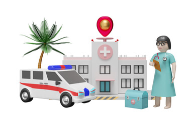 Hospital building and doctor with medical equipment and pin isolated. Concept 3d illustration or 3d rendering