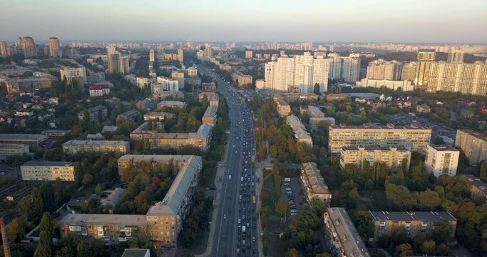 Aerial photography of the cityscape of the city of Kyiv in sunny weather