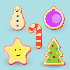 Sweet set with gingerbreads. Toy, Christmas tree, star, candy, snowman. Flat illustration.
