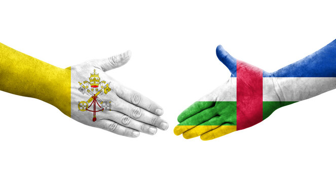 Handshake between Central African Republic and Holy See flags painted on hands, isolated transparent image.