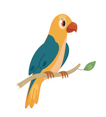 African parrot concept. Multicolored blue yellow bird with red beak sits on branch in jungle or tropical forest. Savannah, wild life and nature. Toy or mascot. Cartoon flat vector illustration © Mental Health