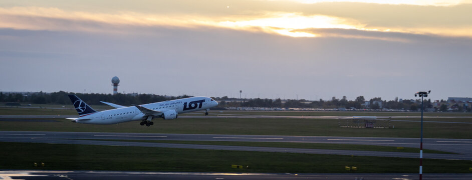 LOT Polish Airlines Plane Taking Off At The Airport In Warsaw