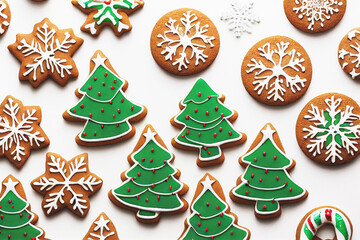 Christmas gingerbread cookies on white background top view. snowflake, christmas tree shapes. AI