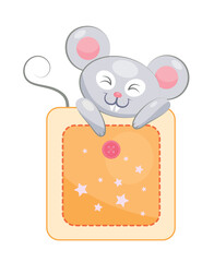 Mouse in pocket. Happy gray character hugging imaginary square cheese. Graphic element for website. Creativity and art. Fashion, trend and style for children. Cartoon flat vector illustration