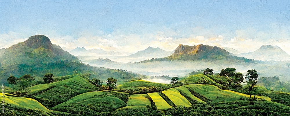 Wall mural Sri Lanka tea plantation, landscape view, beautiful panorama. Digital art