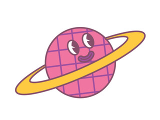 Psychedelic planet concept. Pink sphere with eyes and yellow border. Imagination and fantasy, hallucination. Sticker for social networks in retro, old style. Cartoon flat vector illustration