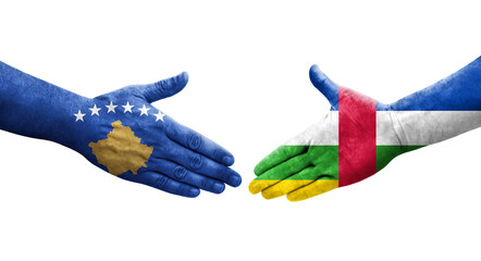 Handshake between Central African Republic and Kosovo flags painted on hands, isolated transparent image.