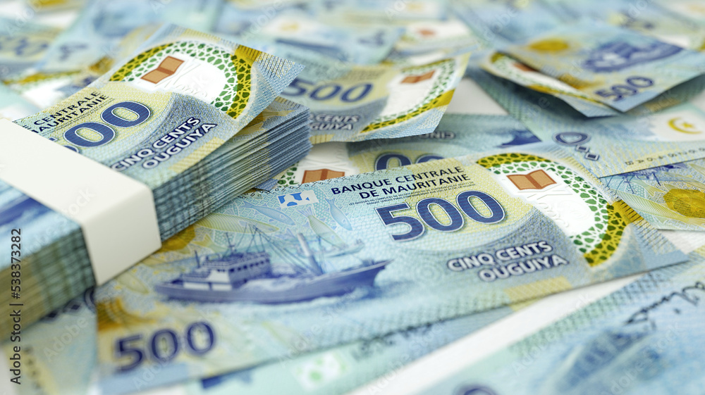 Poster close up of mauritanian ouguiya notes spread on table. 3d rendering of money scattered on surface