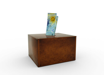 Mauritanian ouguiya notes inside wooden savings box. Generic savings Bank, Penny Bank, Money Box. 3d rendering