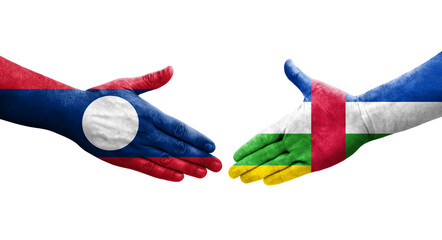 Handshake between Central African Republic and Laos flags painted on hands, isolated transparent image.