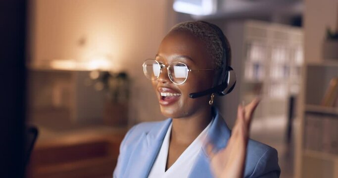 Call center, customer support and black woman in office at night for telemarketing, consulting and contact us. Communication, phone call and sales with employee working on crm, kpi or it help desk