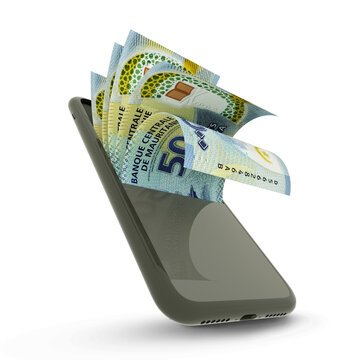 3D rending of Mauritanian ouguiya notes inside a mobile phone. money coming out of mobile phone