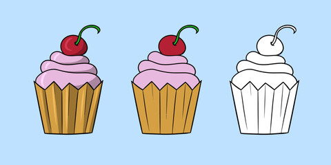 Horizontal set of pictures, delicious cupcake with delicate cream and cherry berry, vector