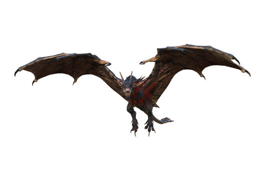 Wyvern or Dragon fantasy creature taking flight, 3D illustration isolated on transparent background.