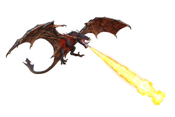 3D illustration of a flying green dragon or wyvern breathing fire downwards isolated on transparent background.