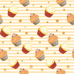 Fall elements seamless pattern digital paper. Pumpkin cupcake, and vanilla spice cupcake on transparent background with syrup watercolor drops. Sweet and Treat baking for Thanksgiving.