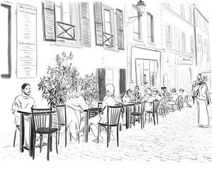 Hand drawn illustration. People enjoy the day at a Cafe in Paris, France. Figures simplified to make unrecognizable.