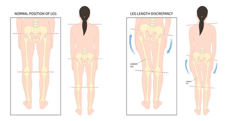 Unequal short leg length discrepancy and tilt curvature body misaligned poor postural stand High pelvis femur Limb bone tilting shoulder or toe walking ankle syndrome - obrazy, fototapety, plakaty