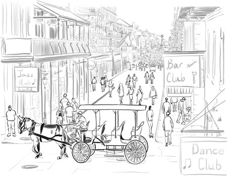 street scene with horse carriage, people, buildings clip art preview
