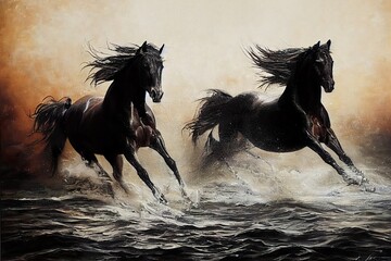 Gorgeous black horses galloping through the water, stunning oil painting generated by Ai, is not based on any original image, character or person	