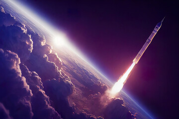 Space rocket leaves planet earth. Illustration generated by ai, is not based on any real image