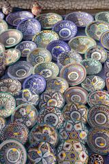 Traditional blue Spanish pottery on display at local market in Torrevieja