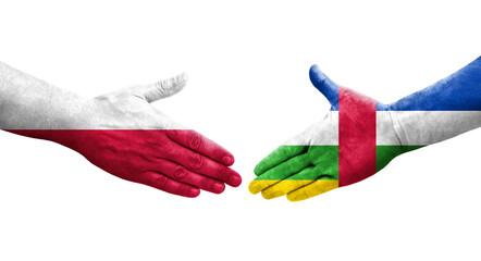 Handshake between Central African Republic and Poland flags painted on hands, isolated transparent image.