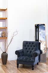 Scandinavian style interior living room. Blue armchair, wooden shelves, mirror