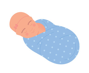 Baby in bundle. Little girl wrapped in blue blanket sleeping. Sticker for social networks and messengers. Comfort and coziness. Dream, rest and relax at home. Cartoon flat vector illustration