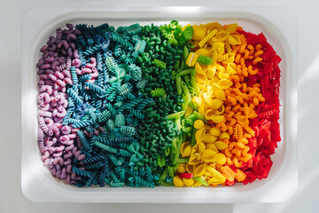 Sensory bin with dried pasta in rainbow colors. Dyed pasta for play and craft activities. Montessori material. Sensory play and learning colors activity for kids. - obrazy, fototapety, plakaty