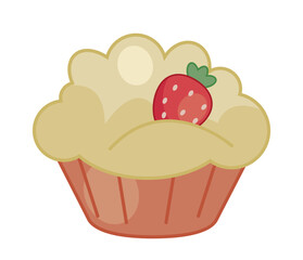 Baby cupcake icon. Dessert with strawberries, delicacy Sweets and flour products, bakery. Poster or banner for website. Graphic element for printing on fabric. Cartoon flat vector illustration