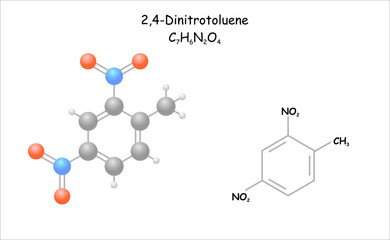 Stylized molecule model/structural formula of 2,4-Dinitrotoluene.