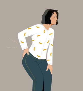 Back pain concept. Woman stands and holds on to his lower back. Muscle problems, trauma, sticker for social networks. Young girl suffering from unbearable pain. Cartoon flat vector illustration