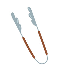 BBQ meat tongs. Barbecue and picnic, outdoor recreation. Advertising poster or banner for website. Kitchen utensils, crockery. Sticker for social media and messengers. Cartoon flat vector illustration