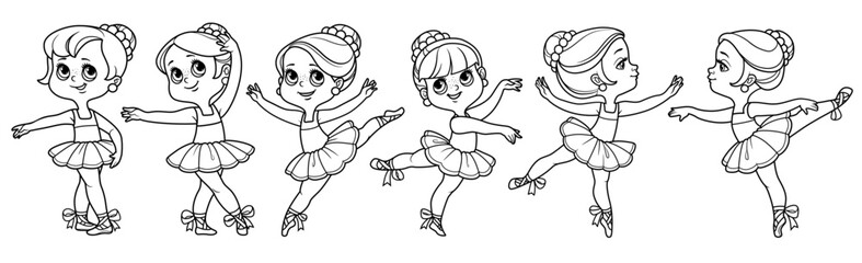 Set of cartoon ballerina girls in tutu outlined for coloring isolated on a white background