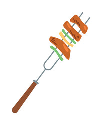 BBQ skewer with food. Barbecue and picnic, outdoor leisure. Weekend, holiday and vacation. Meat and greens on kitchen appliance for comfortable outdoor experience. Cartoon flat vector illustration