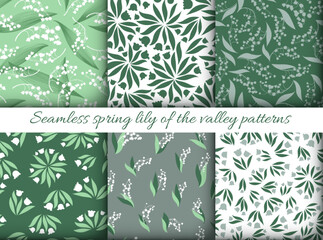 Spring Floral Pattern. Seamless Lily of the Valley Textile Print. Vintage Blossom Decoration. Floral Pattern Set. Elegant Leaf Invitation. Bunch of Convallaria Majalis. Floral Pattern Set. - 538378456