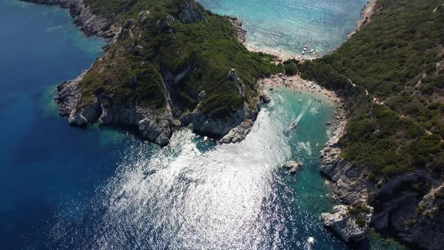 Aerial view of Porto Timoni secluded beach on Corfu Greece
