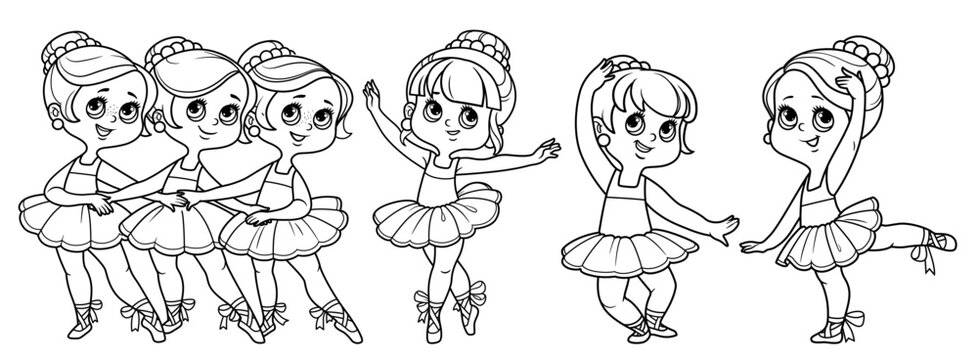 Cute cartoon ballerina girls set outlined for coloring isolated on a white background