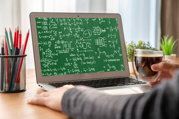 Mathematic equations and modish formula on computer screen showing concept of science and education