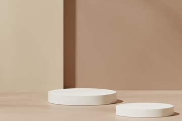 Two white podiums on brown background, 3d render