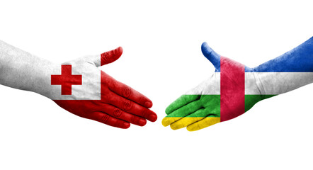 Handshake between Central African Republic and Tonga flags painted on hands, isolated transparent image.