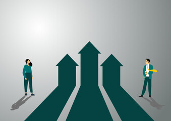 Business people watching three flat arrows rising, the concept of business target reach or successful investment, vector illustration.