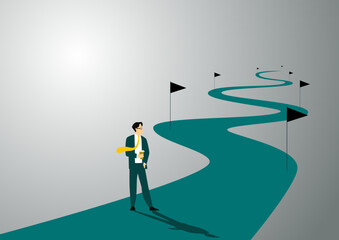 Business people, motivated employees working on successful career growth. Drawing path to promotion. Concept of business, career development, ambitions, vector illustration concept.